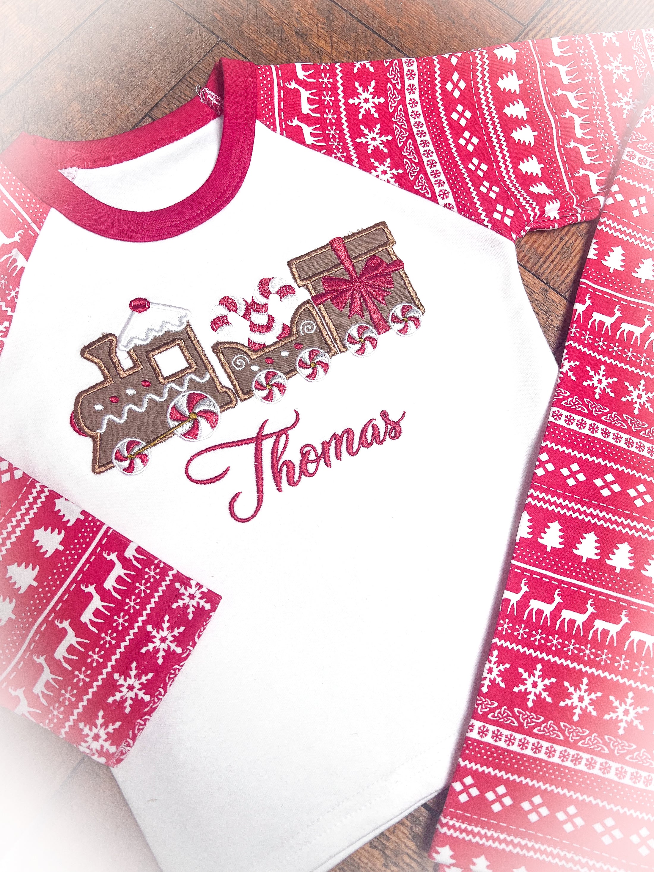 Gingerbread Train - Embroidered Christmas Pyjamas- Kids & Adults