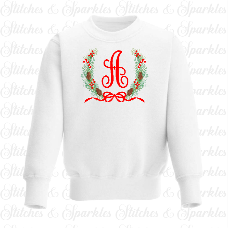 Embroidered Elegant Initial & Christmas Wreath Sweatshirt / Jumper
