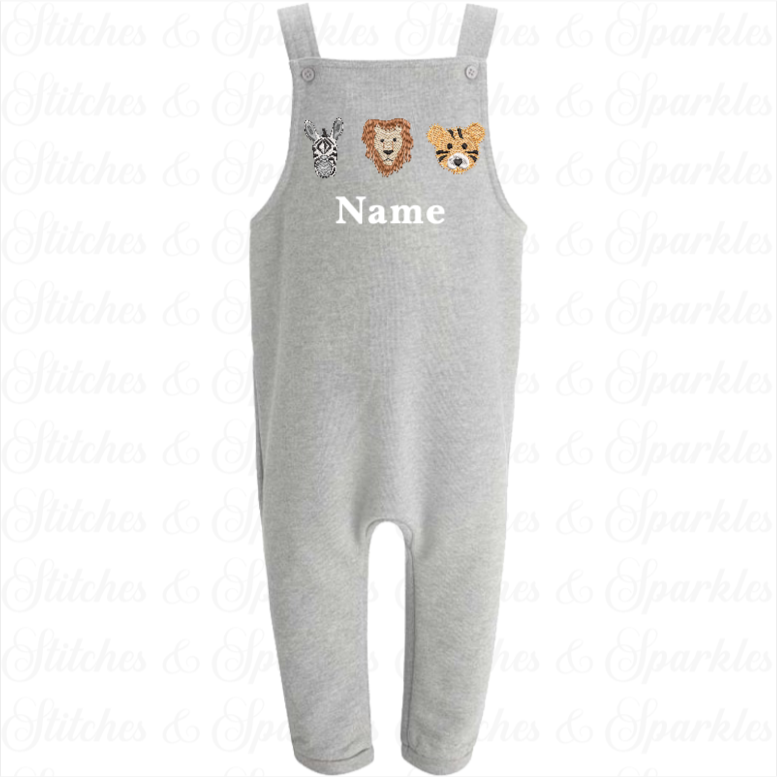 Embroidered Safari Animal Trio Overalls