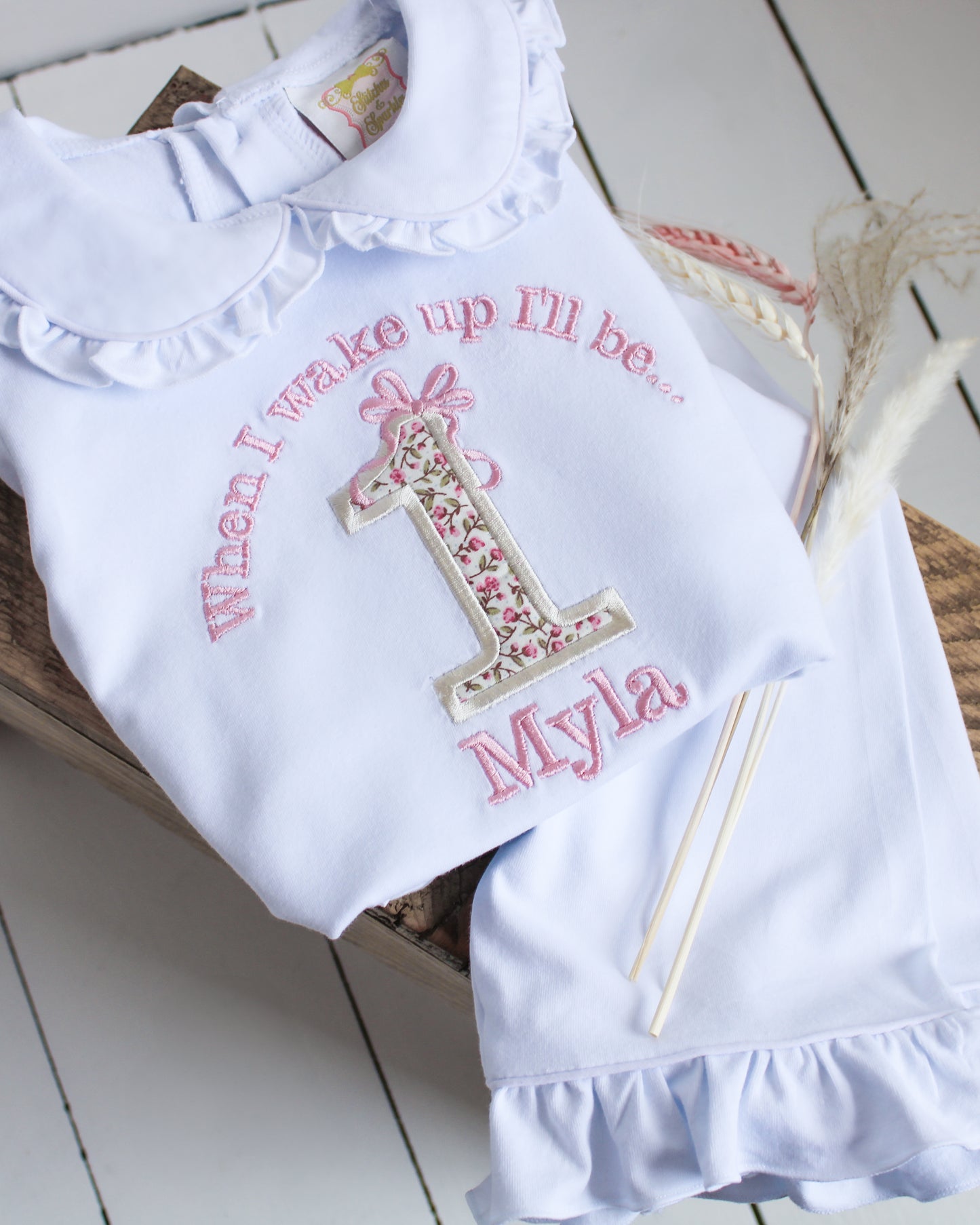 Floral Birthday & Bow - Embroidered Elizabeth Ruffle Long Nightwear Pyjama Set