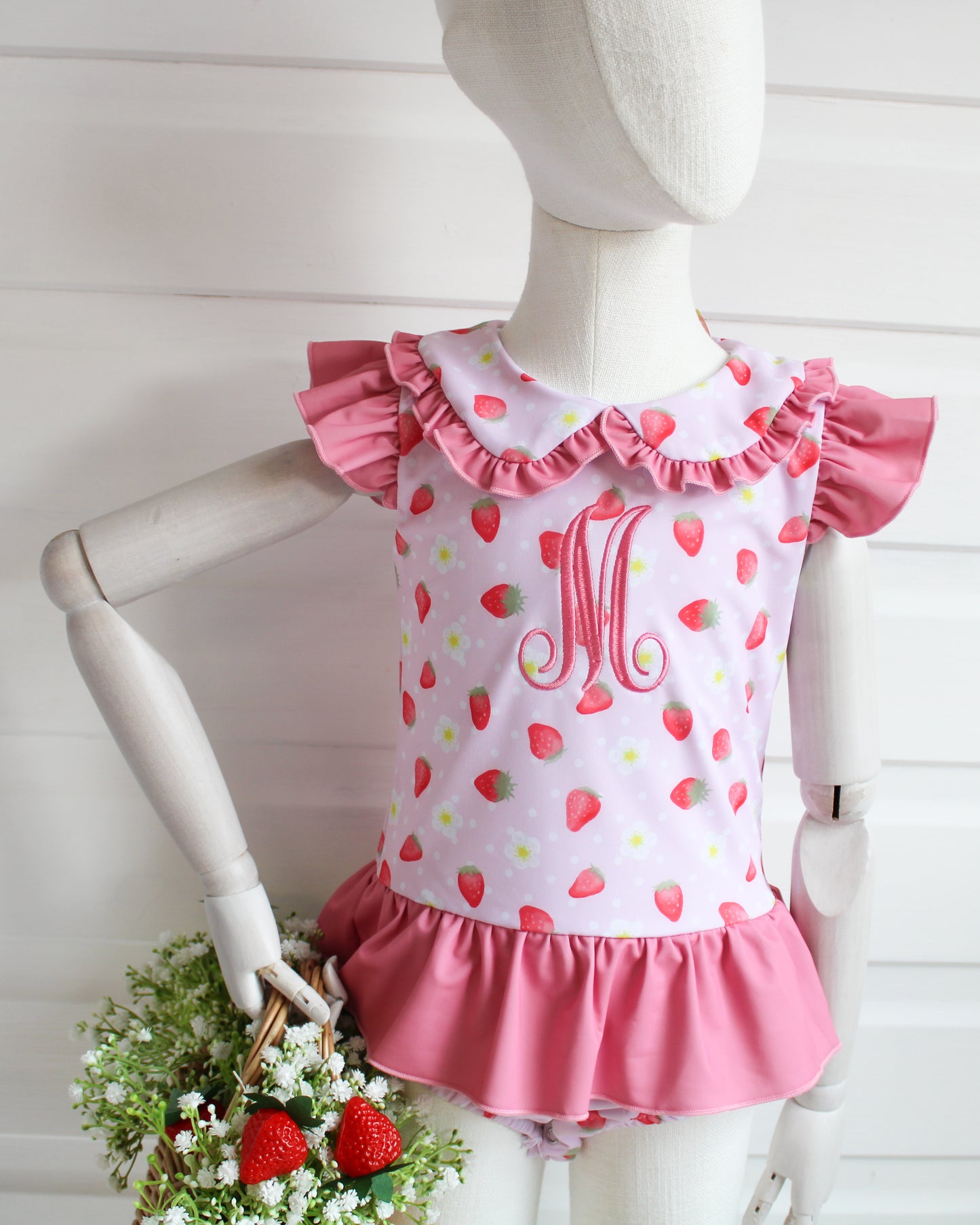 Exclusive Strawberry Embroidered Initial Swim Bather