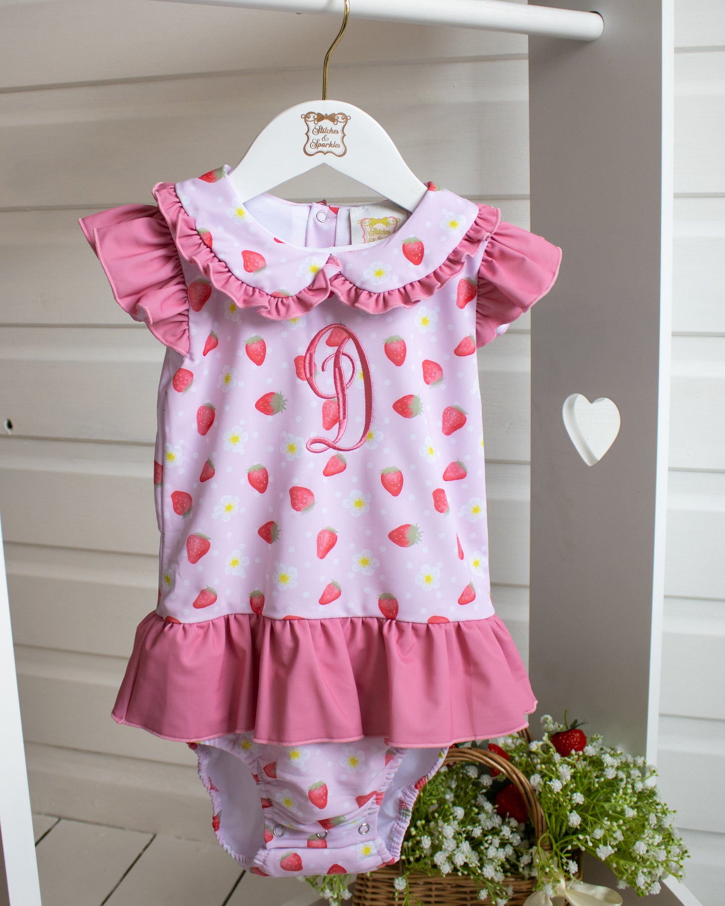 Exclusive Strawberry Embroidered Initial Swim Bather
