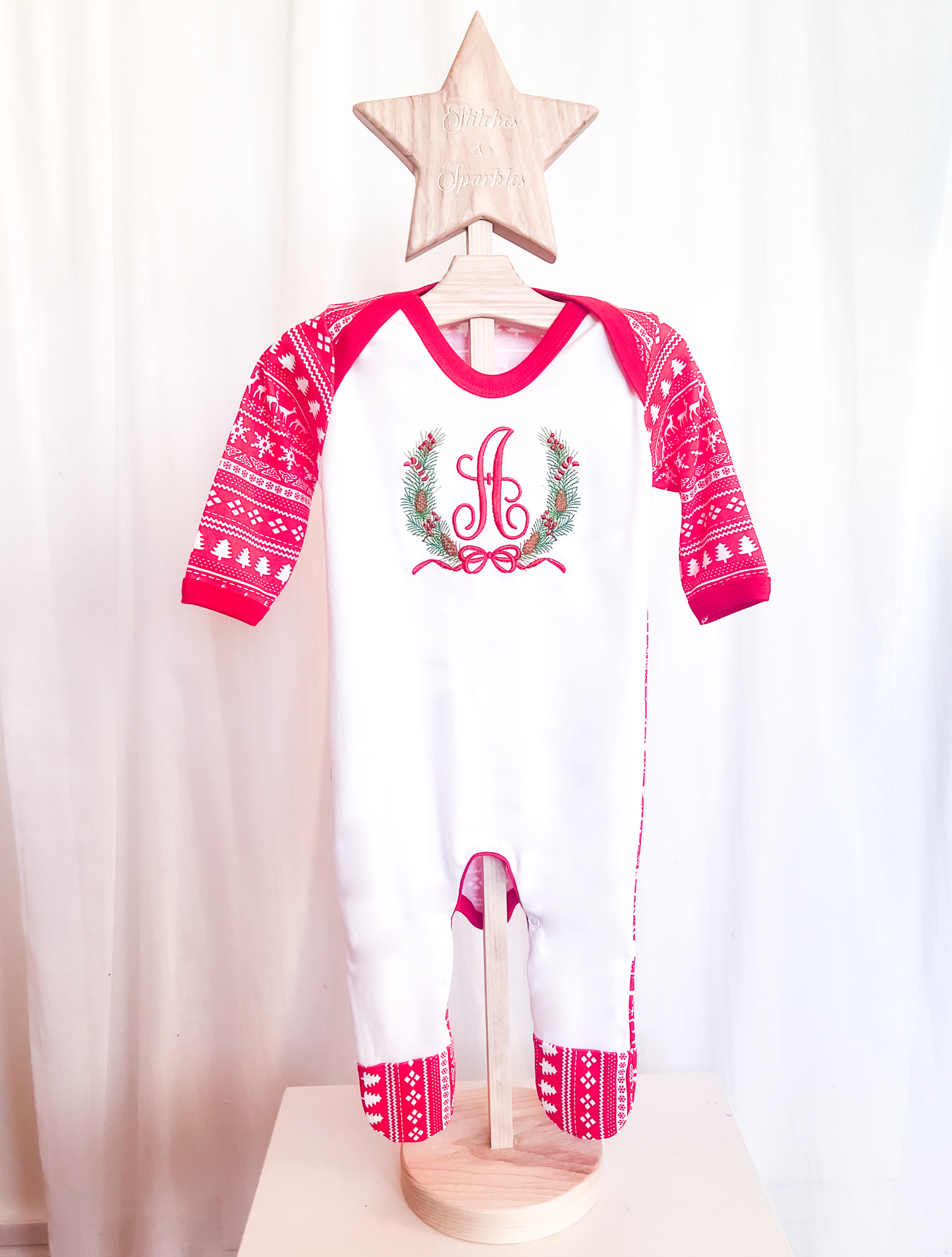Embroidered Elegant Christmas Wreath & Romper