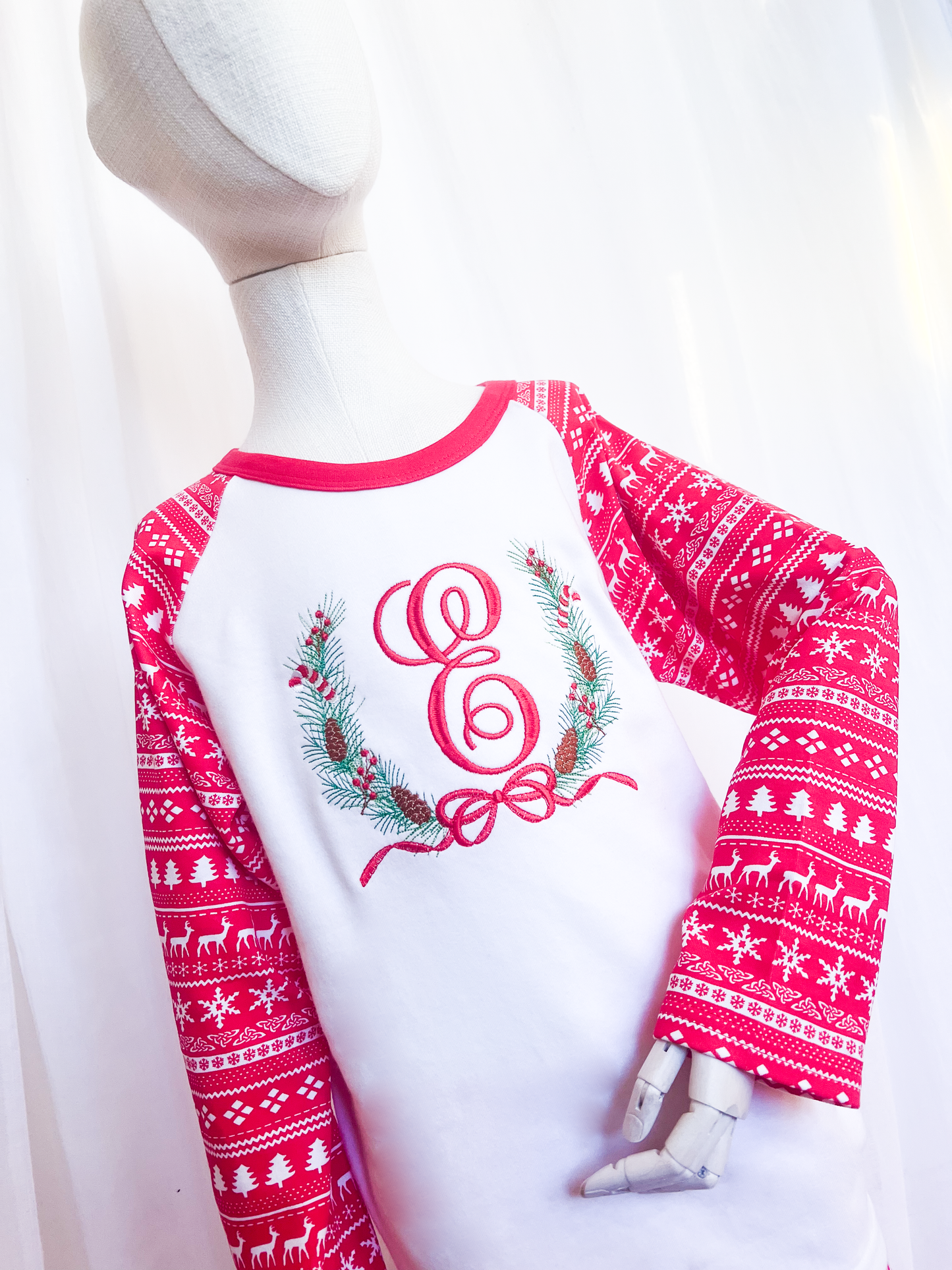 Kids Embroidered Elegant Christmas Wreath & Initial Pyjamas
