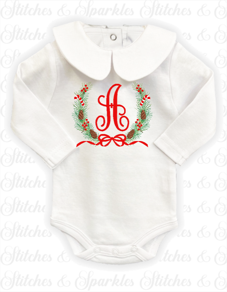 New Embroidered Elegant Initial & Christmas Wreath Peter Pan Collar Bodysuit Vest