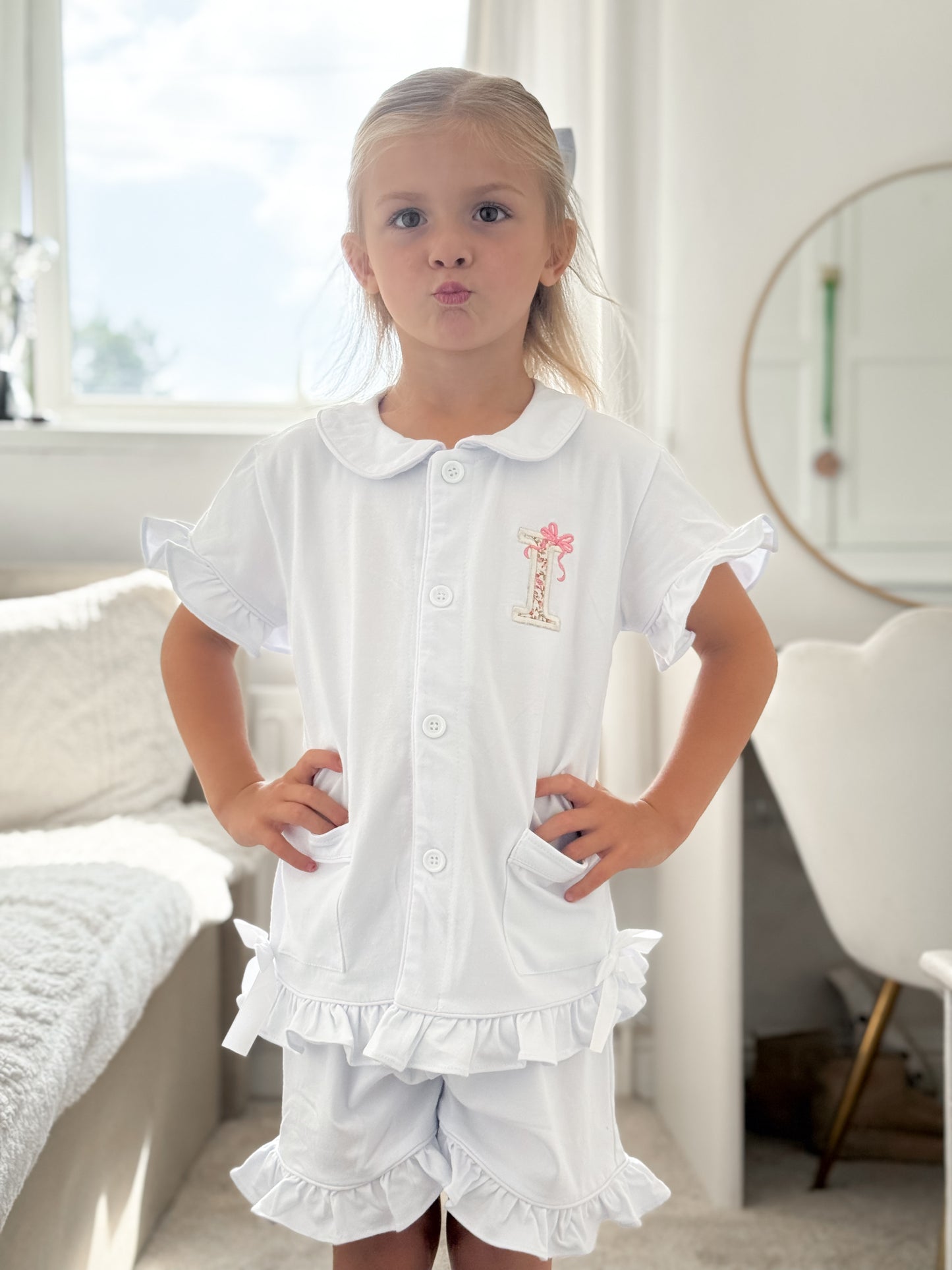 Floral Initial & Bow - Embroidered Elizabeth Ruffle Shorts Nightwear Pyjama Set