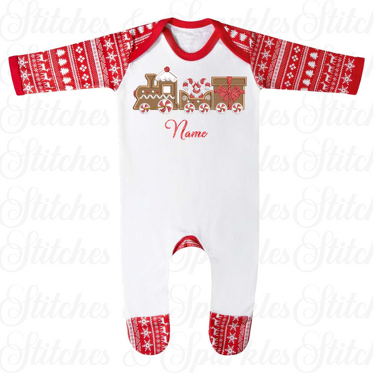 Embroidered GingerBread Christmas Train Romper
