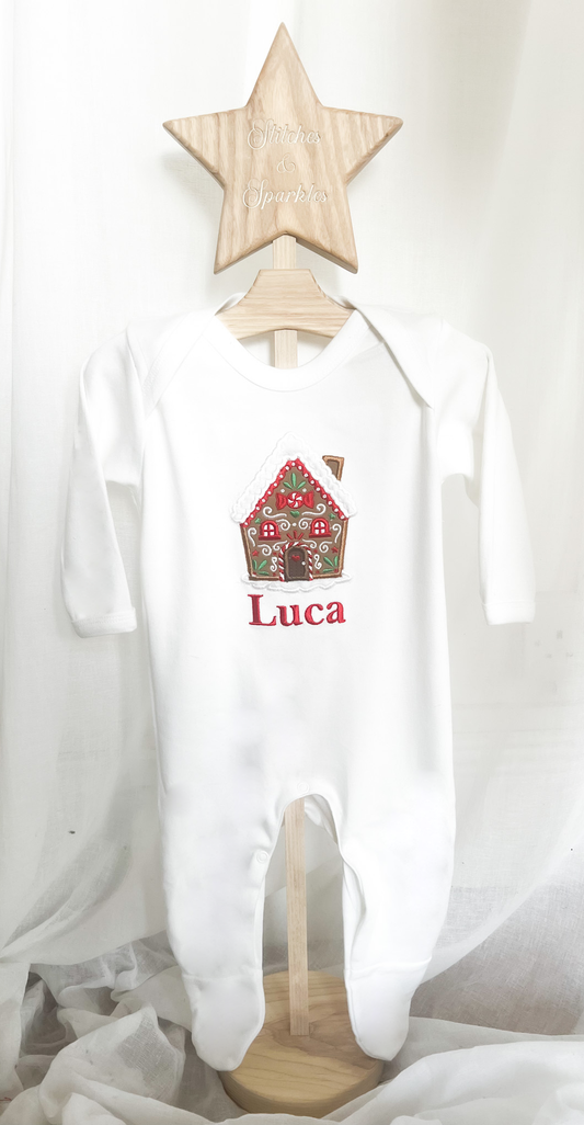Embroidered Gingerbread Christmas House Romper