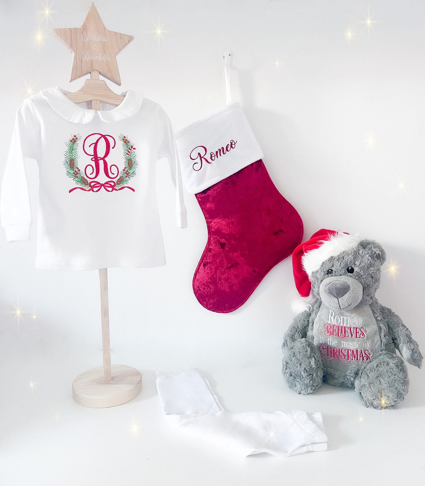 Embroidered Elegant Initial & Christmas Wreath Peter Pan Collar Lounge