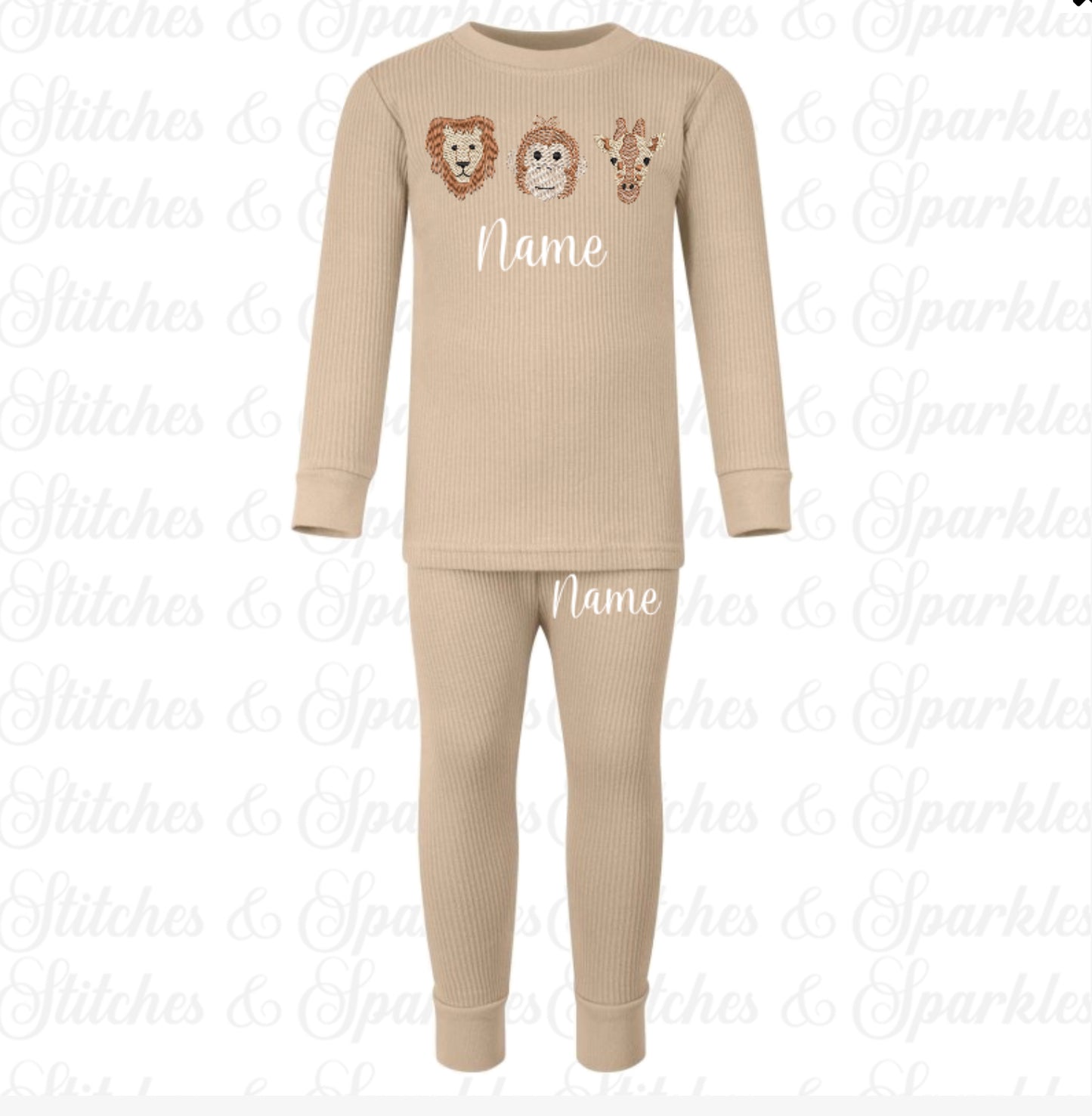 Embroidered Ribbed Loungewear - Safari Animals