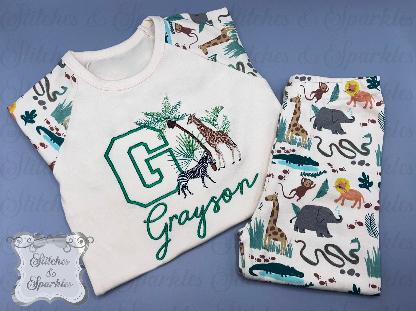 Embroidered African Safari Animal Initial Pyjamas
