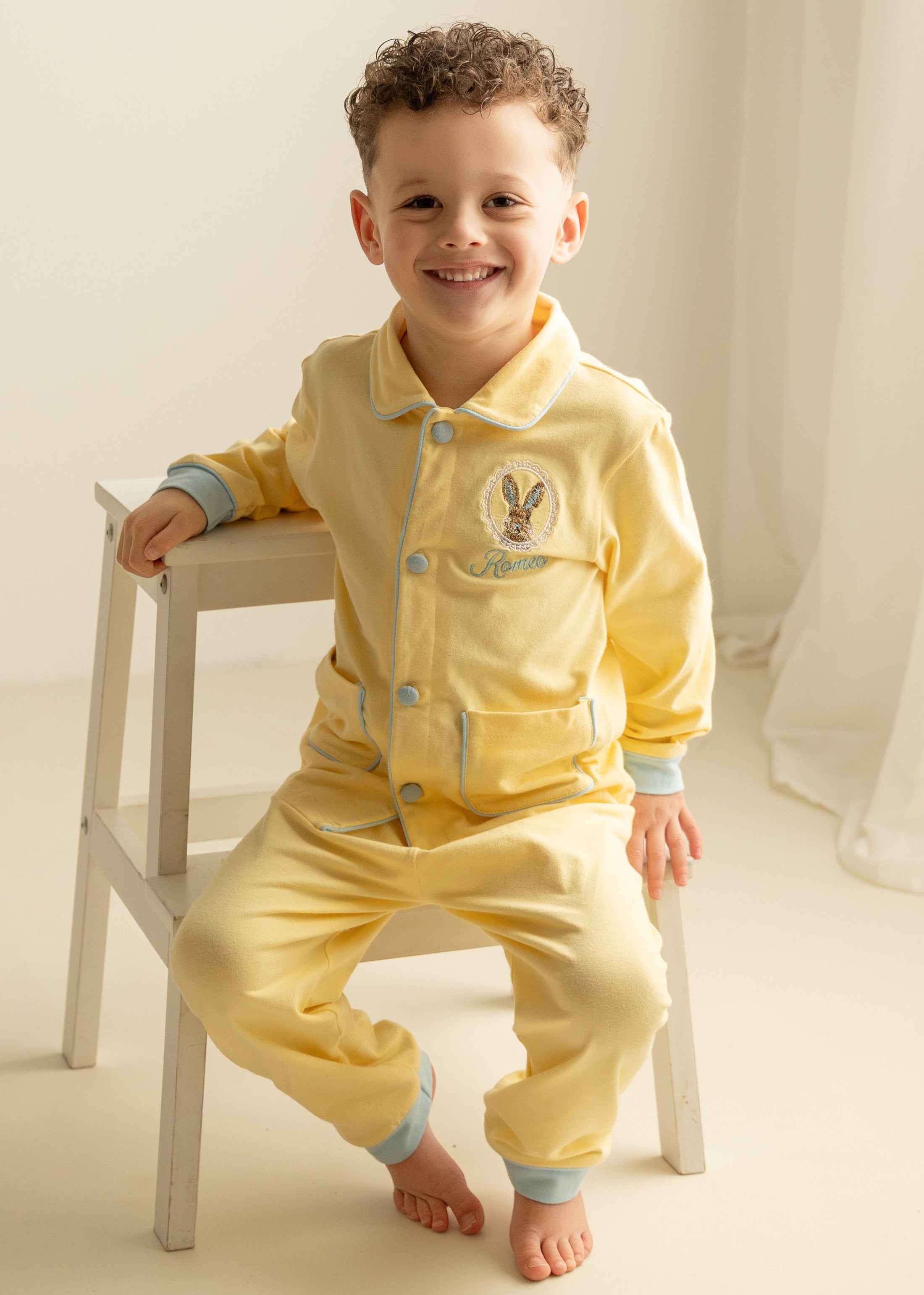 PREORDER - Easter Bunny - Boys - Lemon & Blue Peter Pan Collar - Embroidered Pyjamas