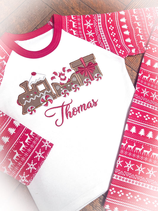 Kids Embroidered Gingerbread Train Christmas Pyjamas