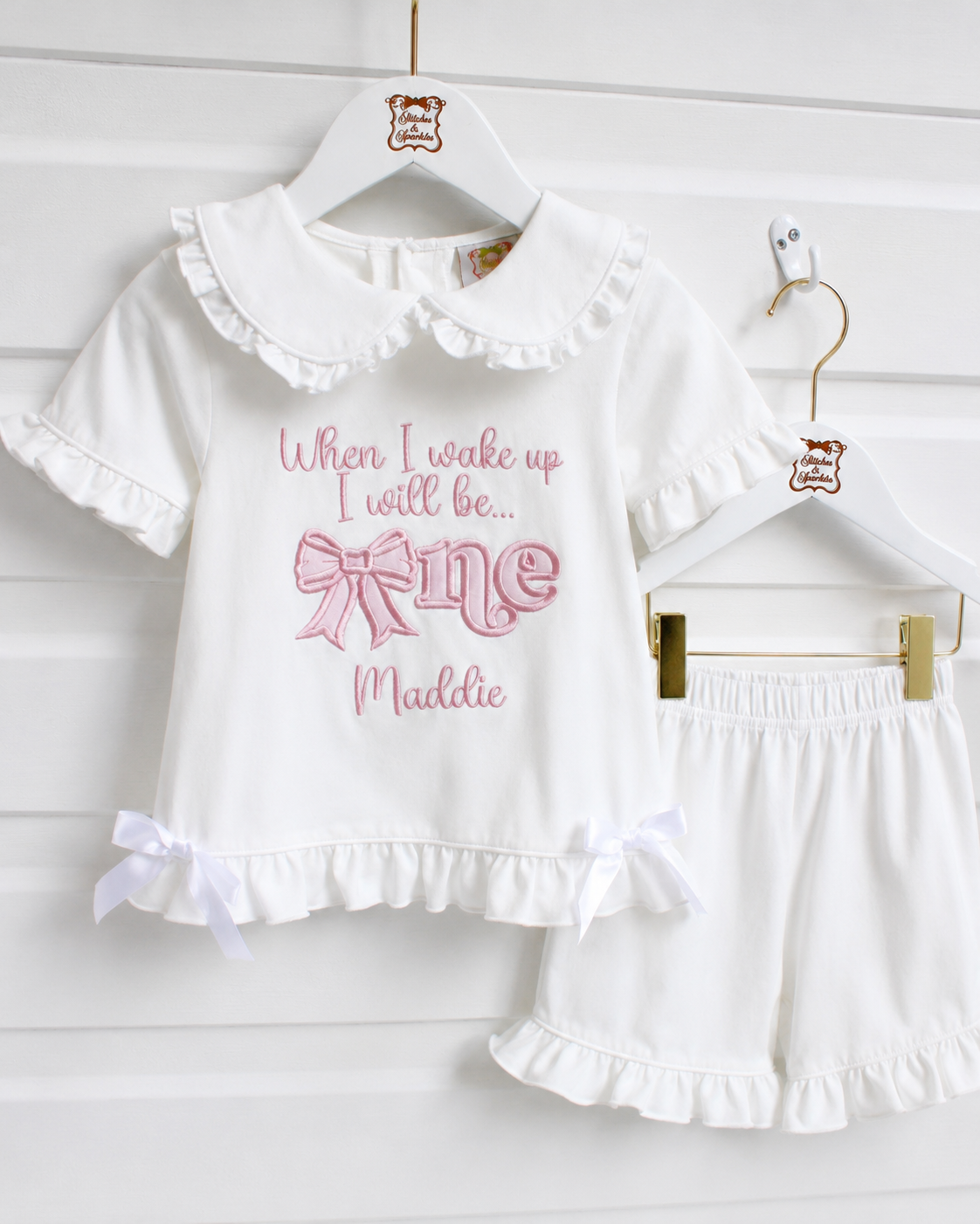 Bow - Embroidered Frill Shorts Nightwear Pyjama Set