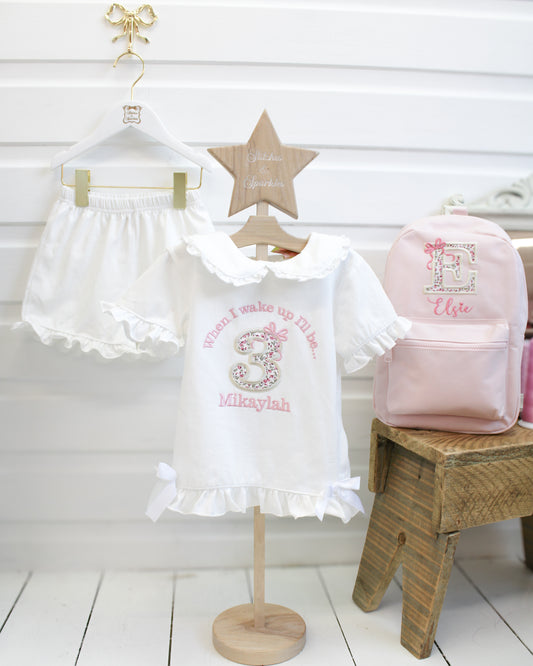 Floral Birthday & Bow - Embroidered Elizabeth Ruffle Frills Shorts Nightwear Pyjama Set