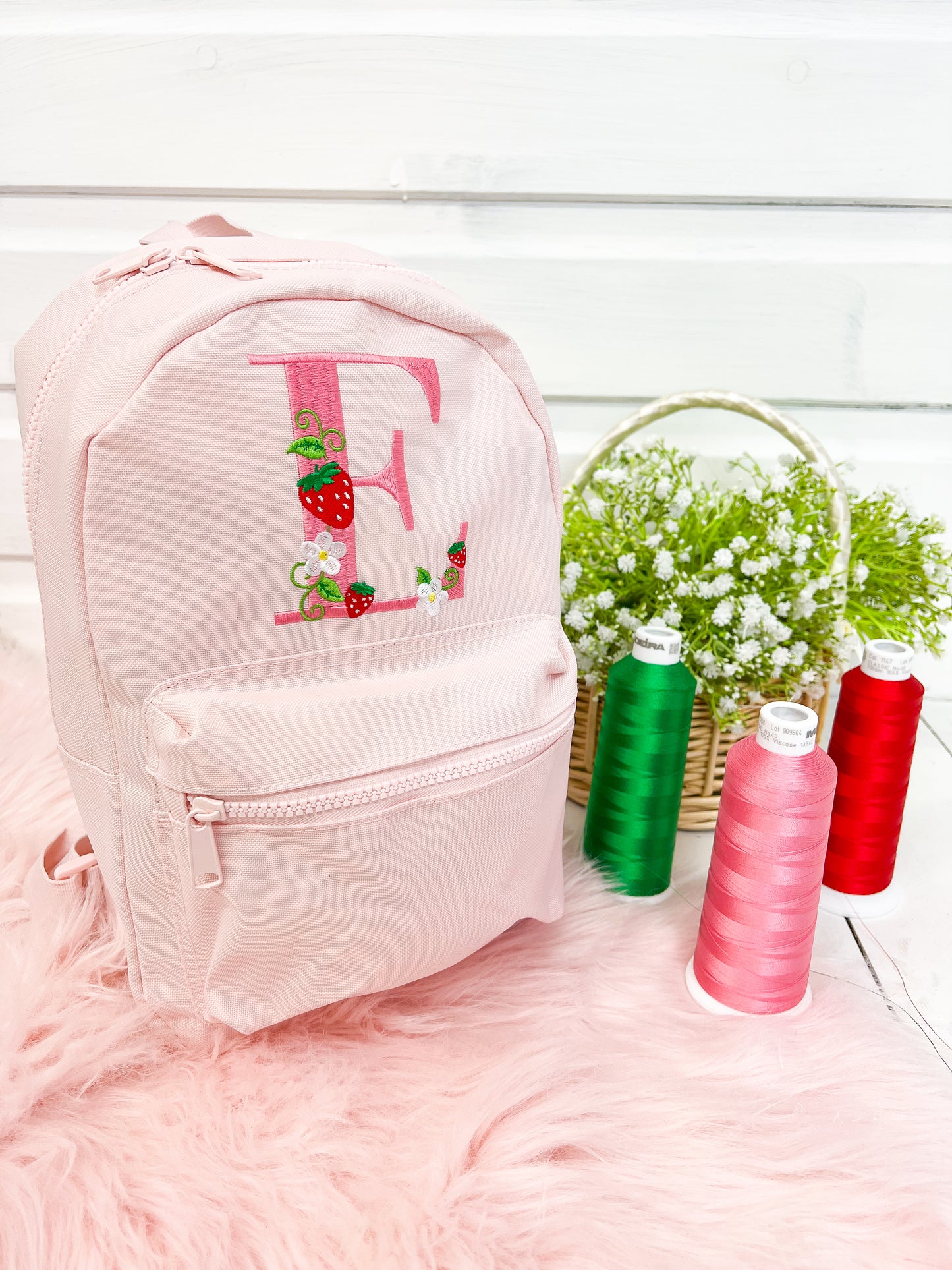 Strawberry Initial / Letter - Embroidered Backpack