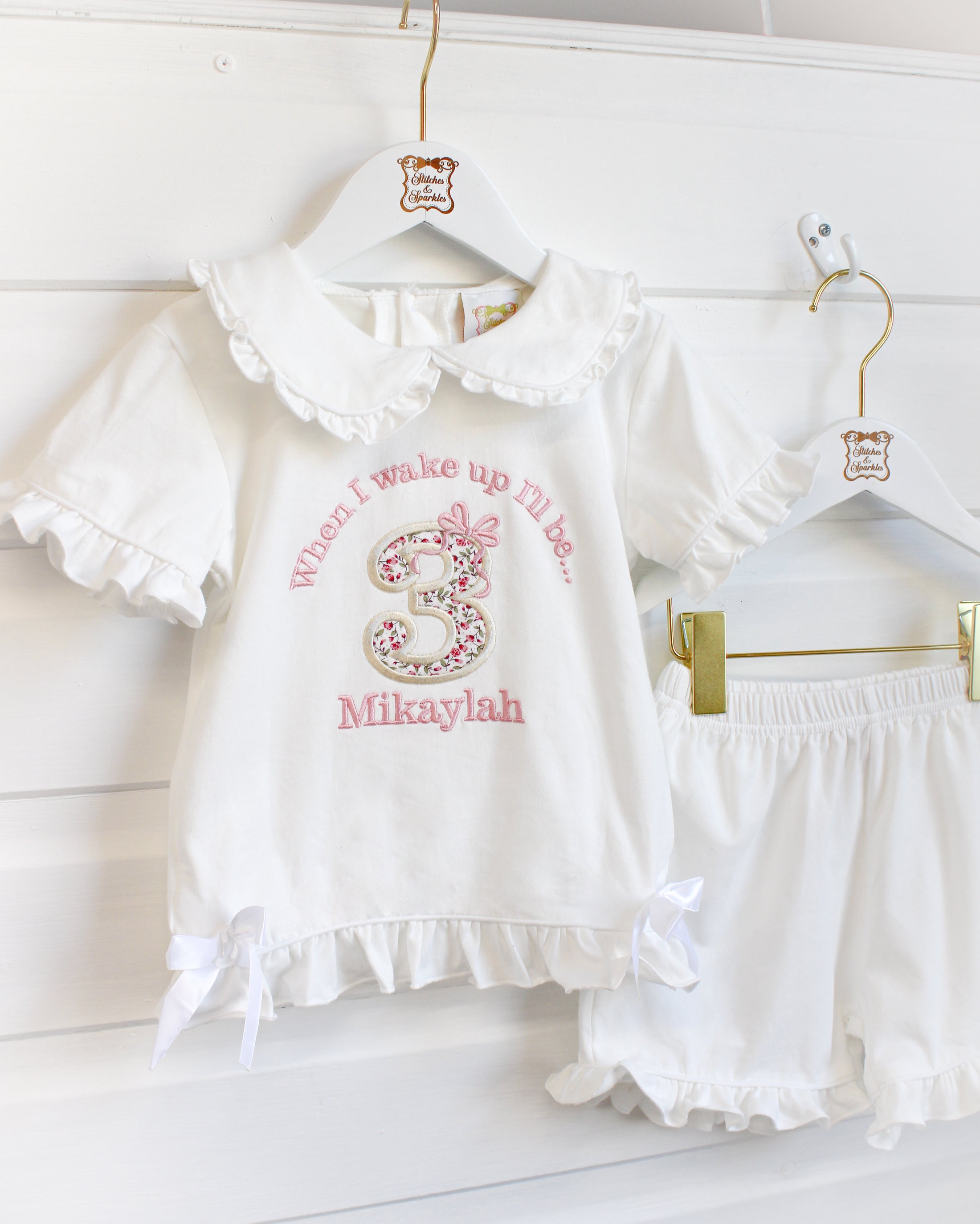 Floral Birthday & Bow - Embroidered Elizabeth Ruffle Frills Shorts Nightwear Pyjama Set