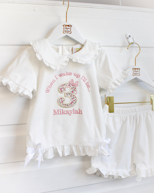 Floral Birthday & Bow - Embroidered Elizabeth Ruffle Frills Shorts Nightwear Pyjama Set