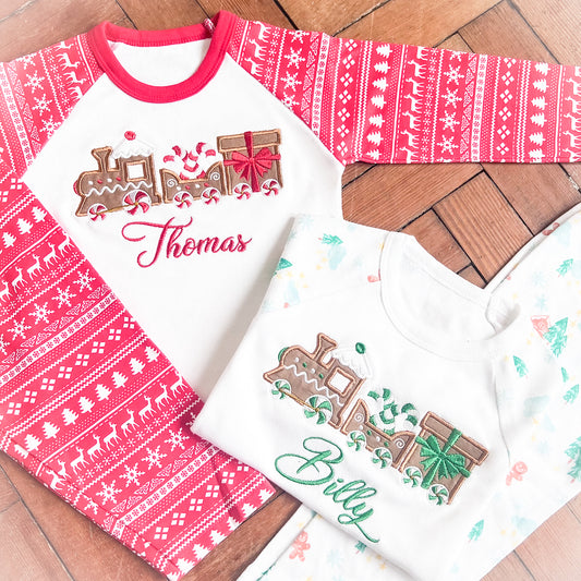 Kids Embroidered Gingerbread Train Christmas Pyjamas