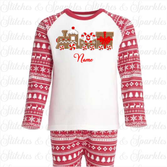 Adults Embroidered Gingerbread Train Christmas Pyjamas