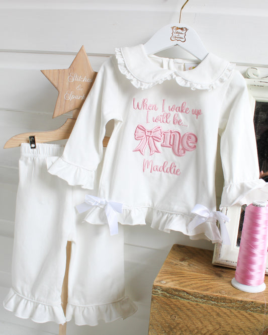 Bow - Embroidered Ruffle Frills Long Nightwear Pyjama Set