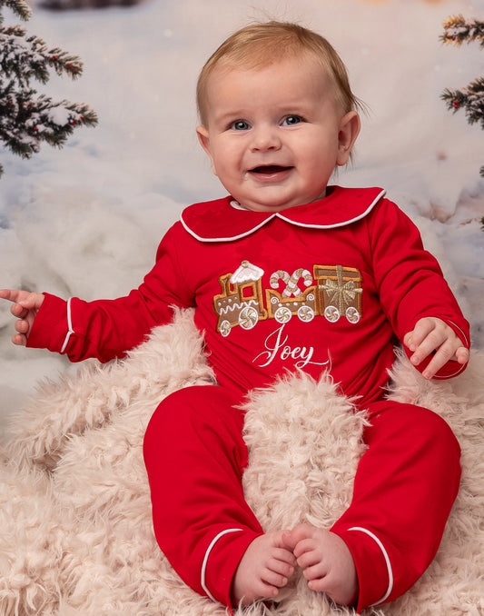 Gingerbread Train Peter Pan Collar Christmas Embroidered Initial Pyjamas