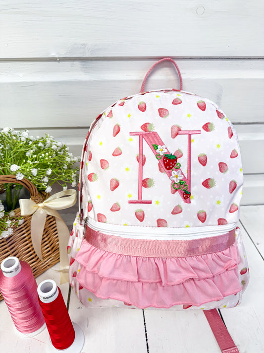 Strawberry Initial - Embroidered Exclusive Frill / Ruffles Backpack Bag