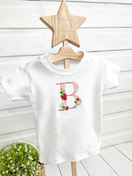 Strawberry Initial / Letter - Embroidered  T-shirt