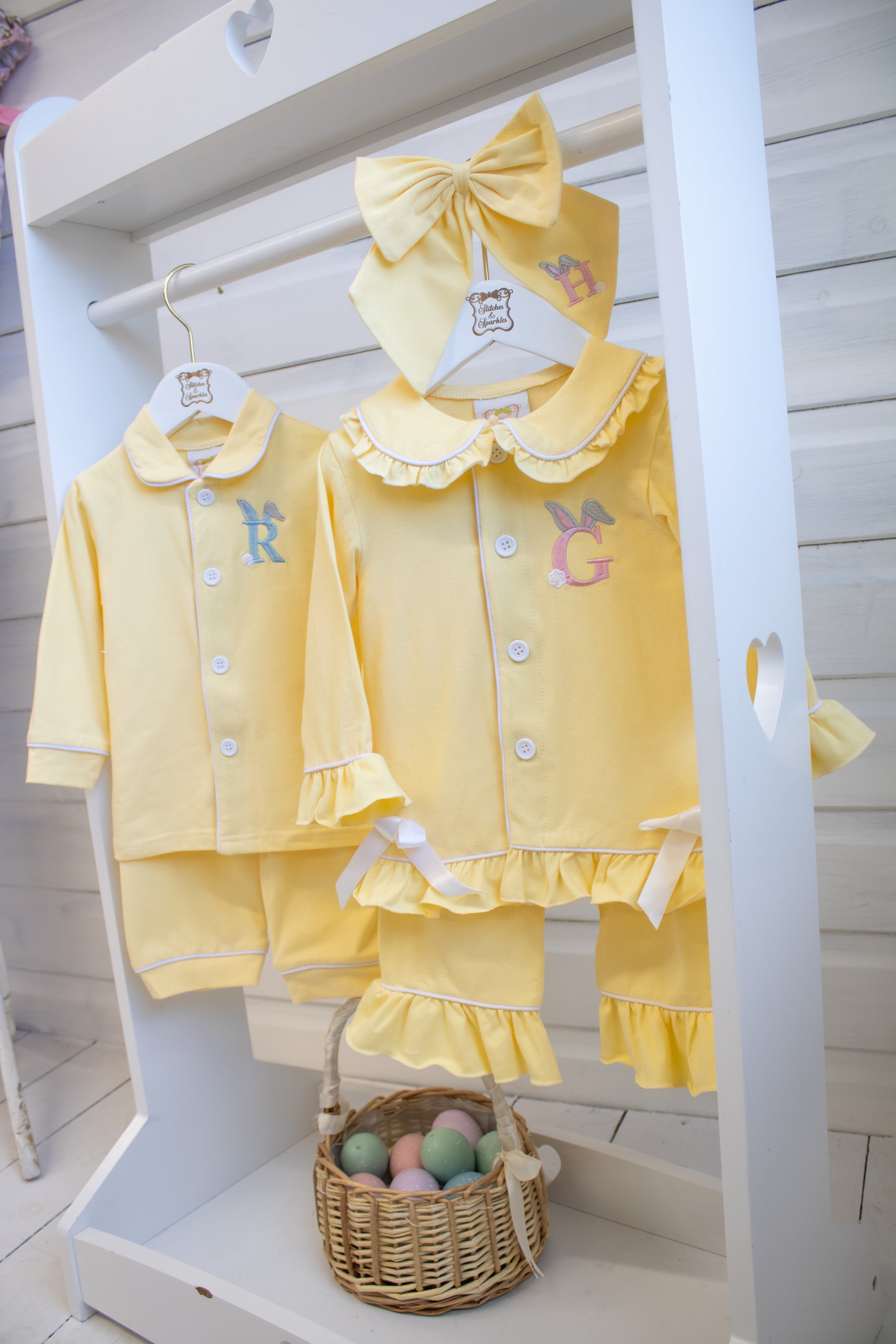 Easter Bunny Initial - Boys - Lemon Peter Pan Collar - Embroidered Pyjamas