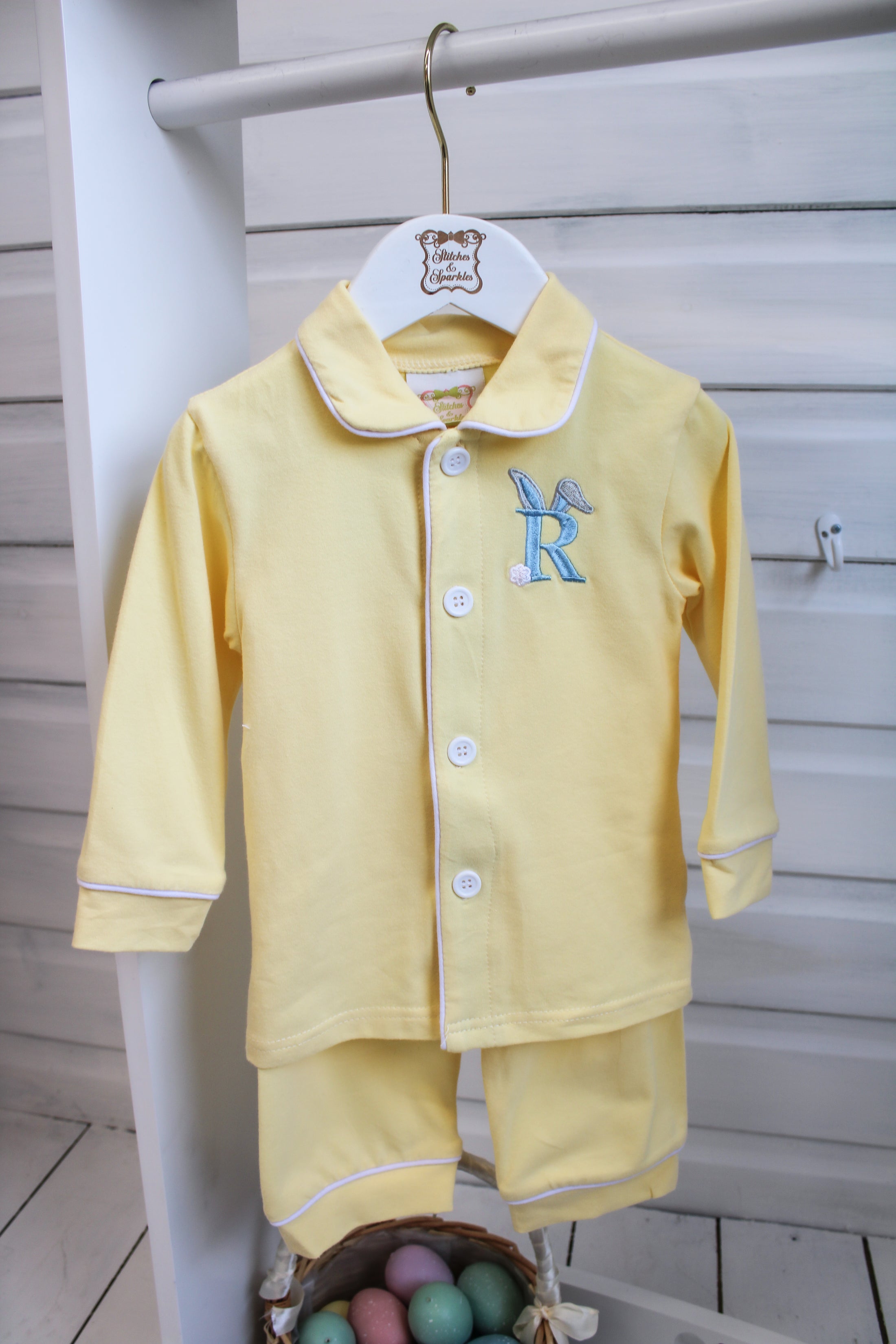 Easter Bunny Initial - Boys - Lemon Peter Pan Collar - Embroidered Pyjamas