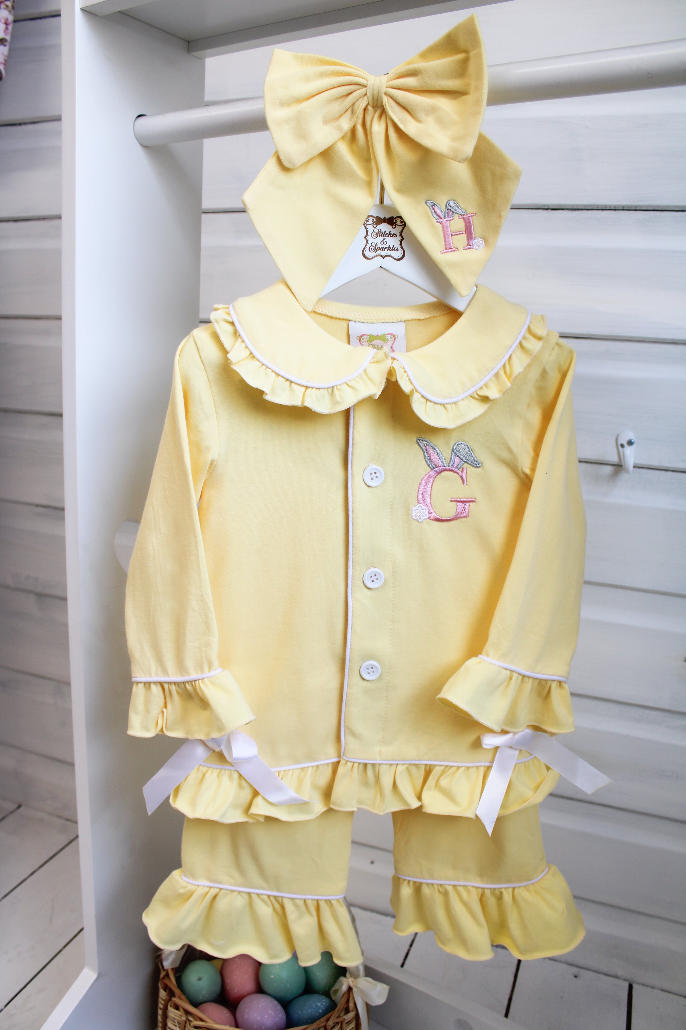 Easter Bunny Initial - Girls - Lemon Frills - Embroidered Pyjamas