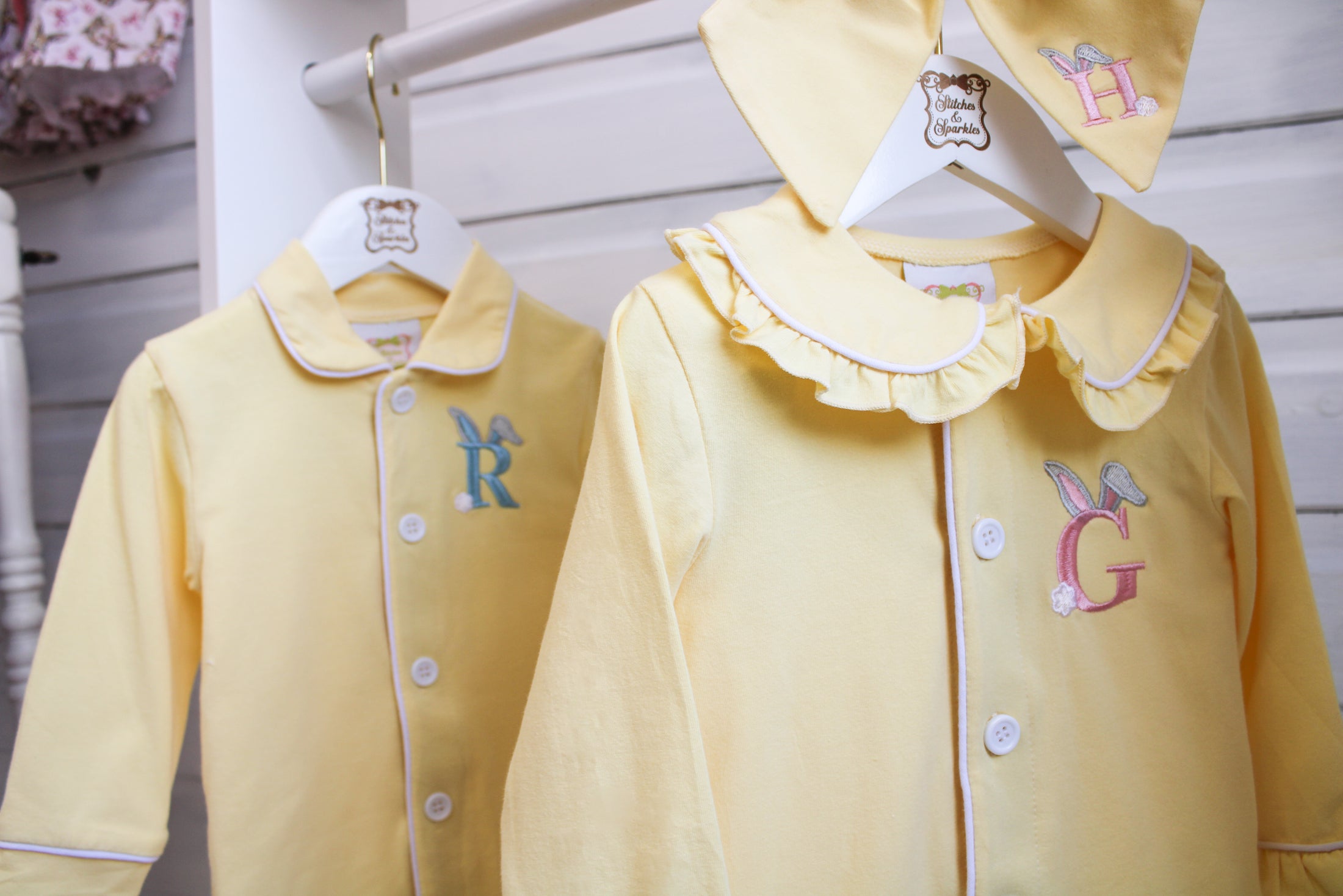 Easter Bunny Initial - Boys - Lemon Peter Pan Collar - Embroidered Pyjamas