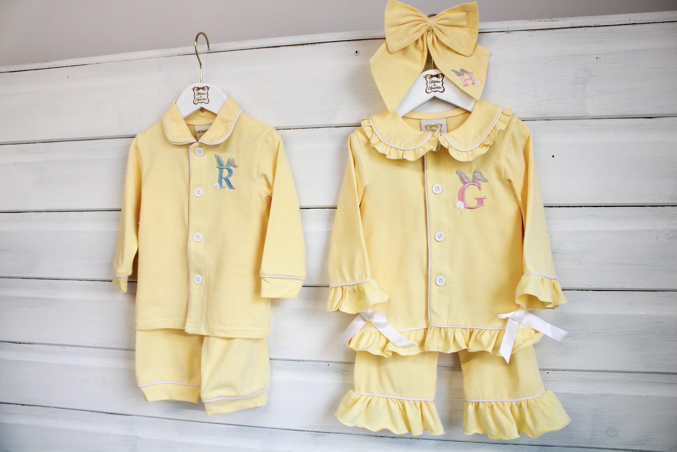 Easter Bunny Initial - Boys - Lemon Peter Pan Collar - Embroidered Pyjamas