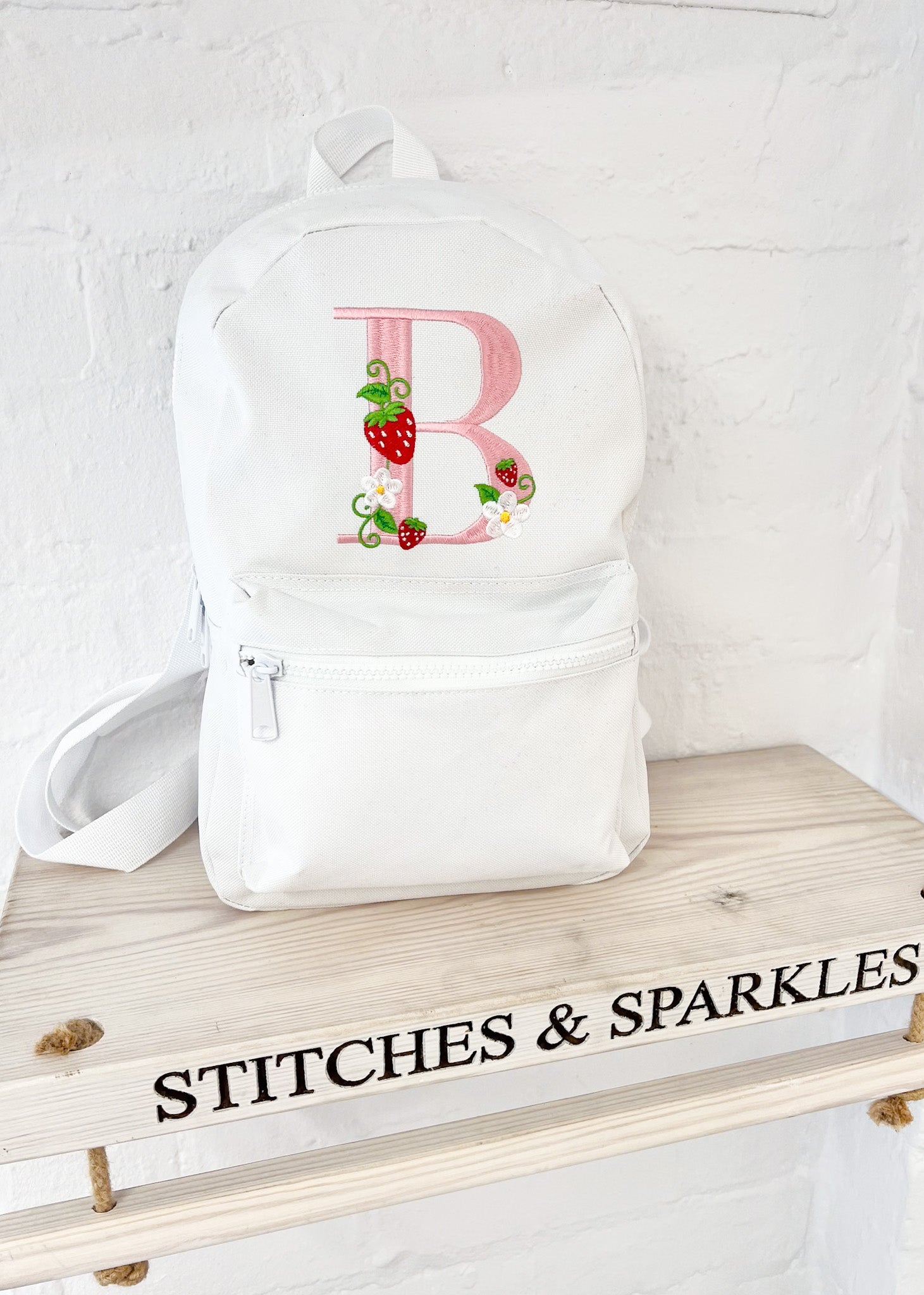 Strawberry Initial / Letter - Embroidered Backpack