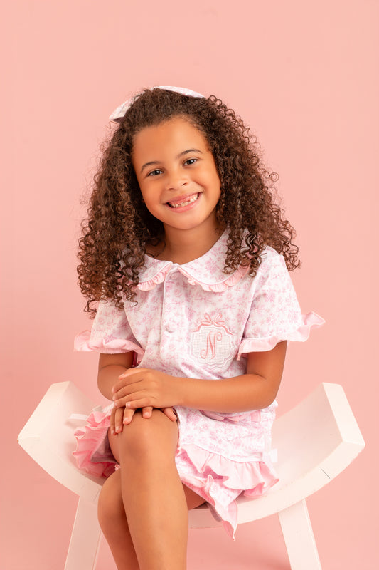Bow Coquette Pink - Embroidered Frill Shorts Nightwear Pyjama Set