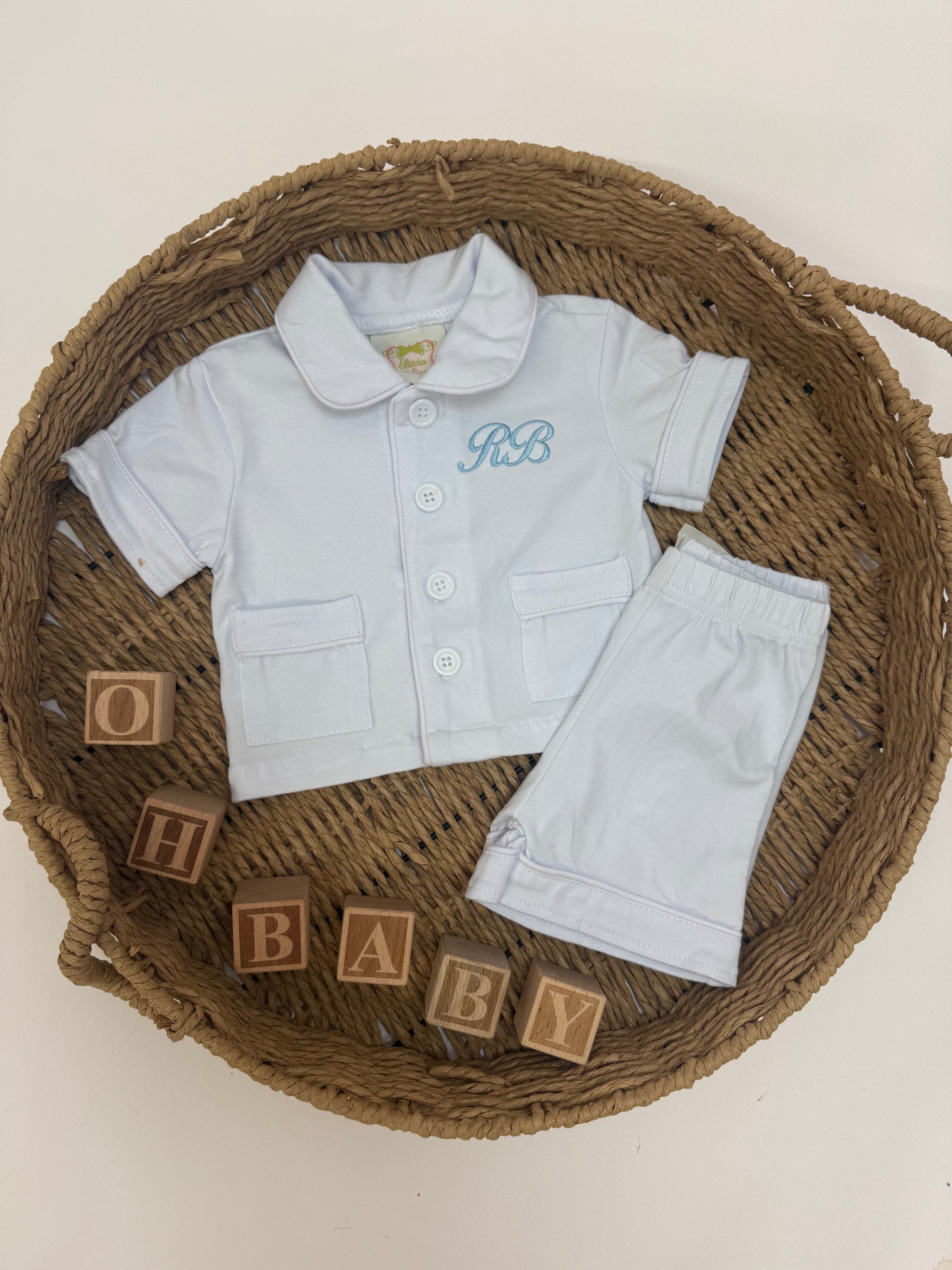 Exclusive Button Up Peter Pan - Embroidered Initial / Name Shorts Pyjama Set