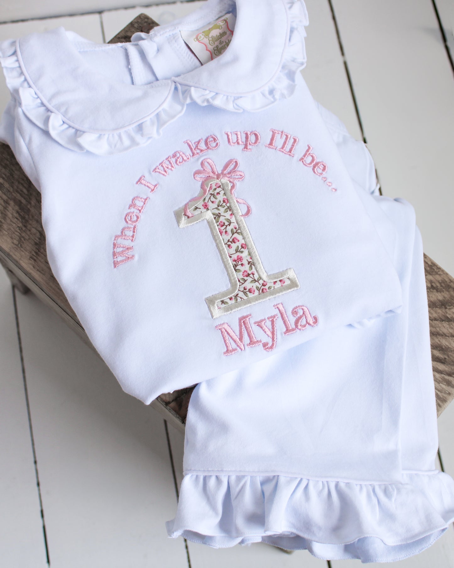 Floral Birthday & Bow - Embroidered Elizabeth Ruffle Long Nightwear Pyjama Set