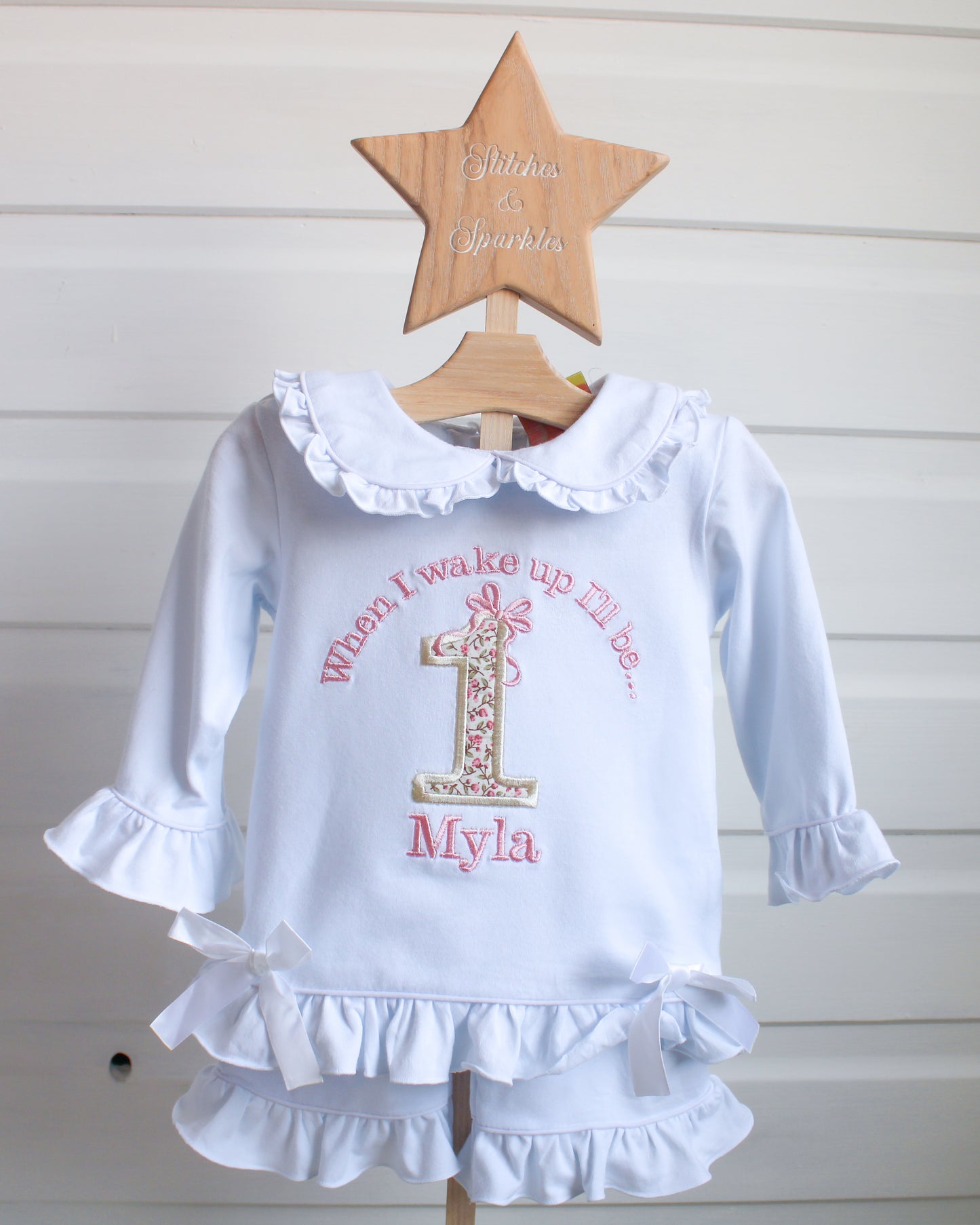 Floral Birthday & Bow - Embroidered Elizabeth Ruffle Long Nightwear Pyjama Set
