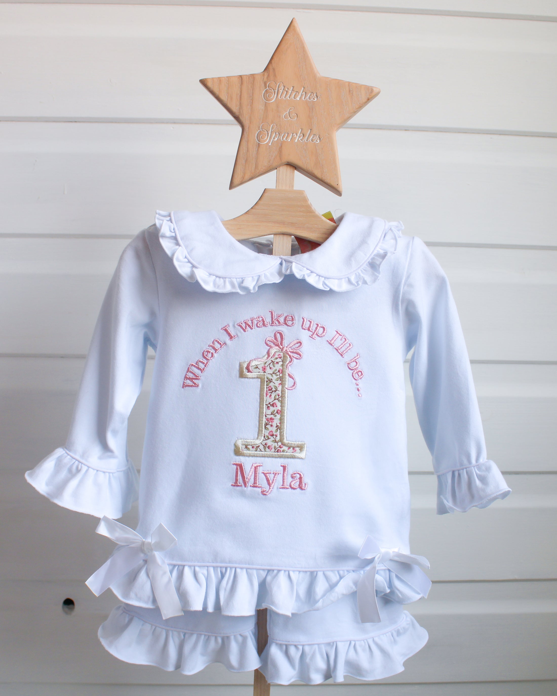 Floral Birthday & Bow - Embroidered Elizabeth Ruffle Long Nightwear Pyjama Set