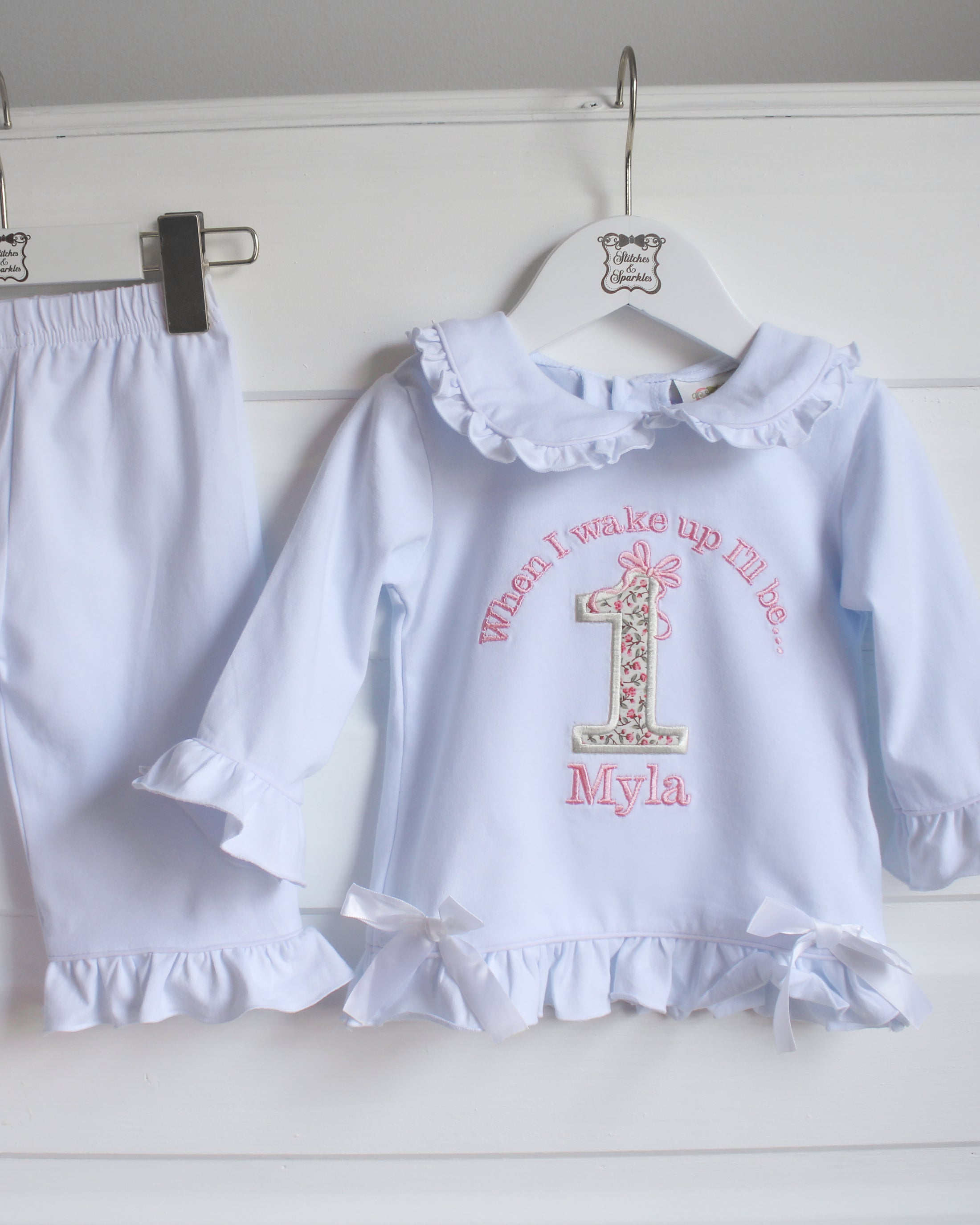 Floral Birthday & Bow - Embroidered Elizabeth Ruffle Long Nightwear Pyjama Set