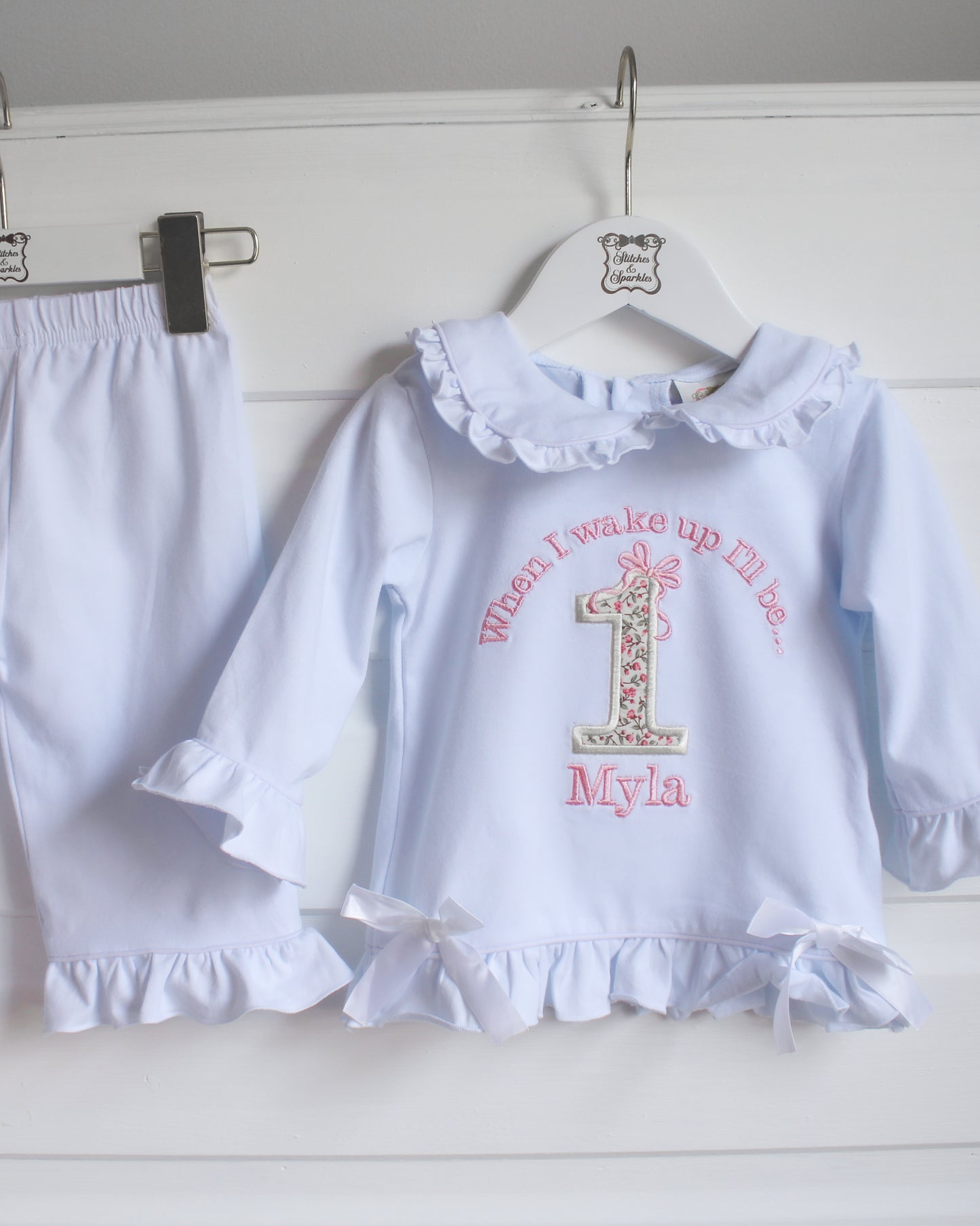Floral Birthday & Bow - Embroidered Elizabeth Ruffle Long Nightwear Pyjama Set