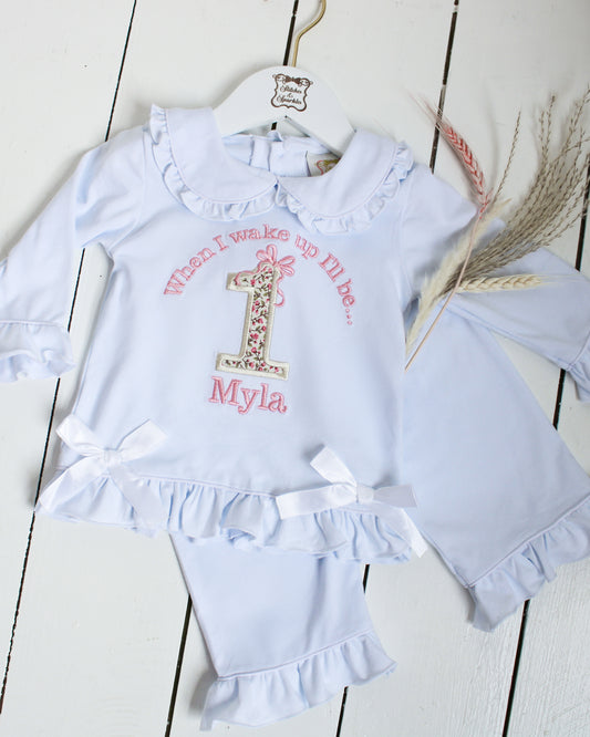 Floral Birthday & Bow - Embroidered Elizabeth Ruffle Long Nightwear Pyjama Set