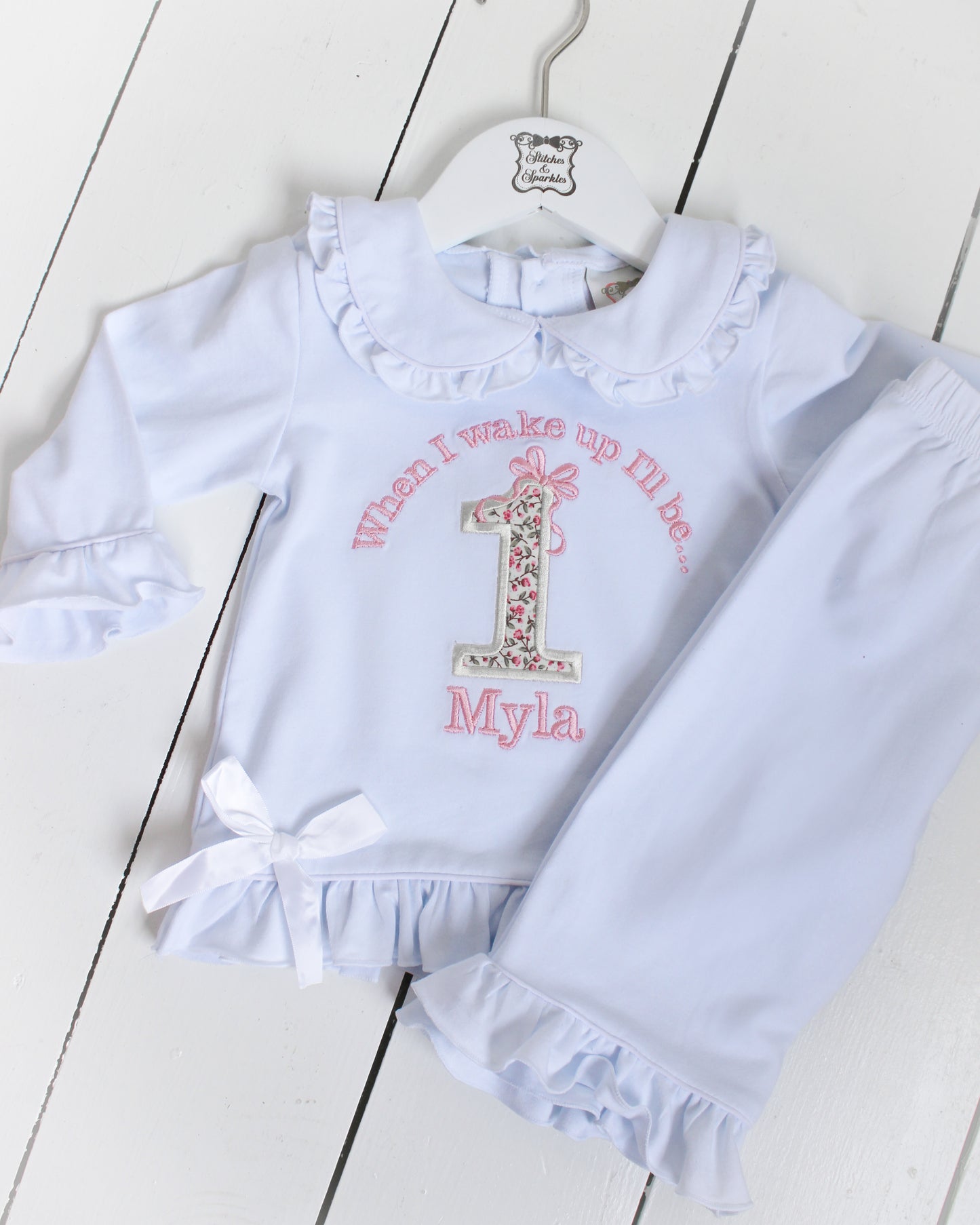 Floral Birthday & Bow - Embroidered Elizabeth Ruffle Long Nightwear Pyjama Set