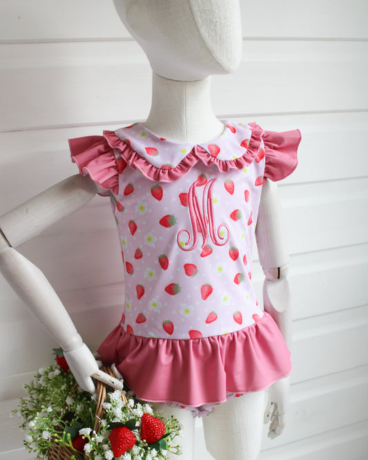 Exclusive Strawberry Embroidered Initial Swim Bather