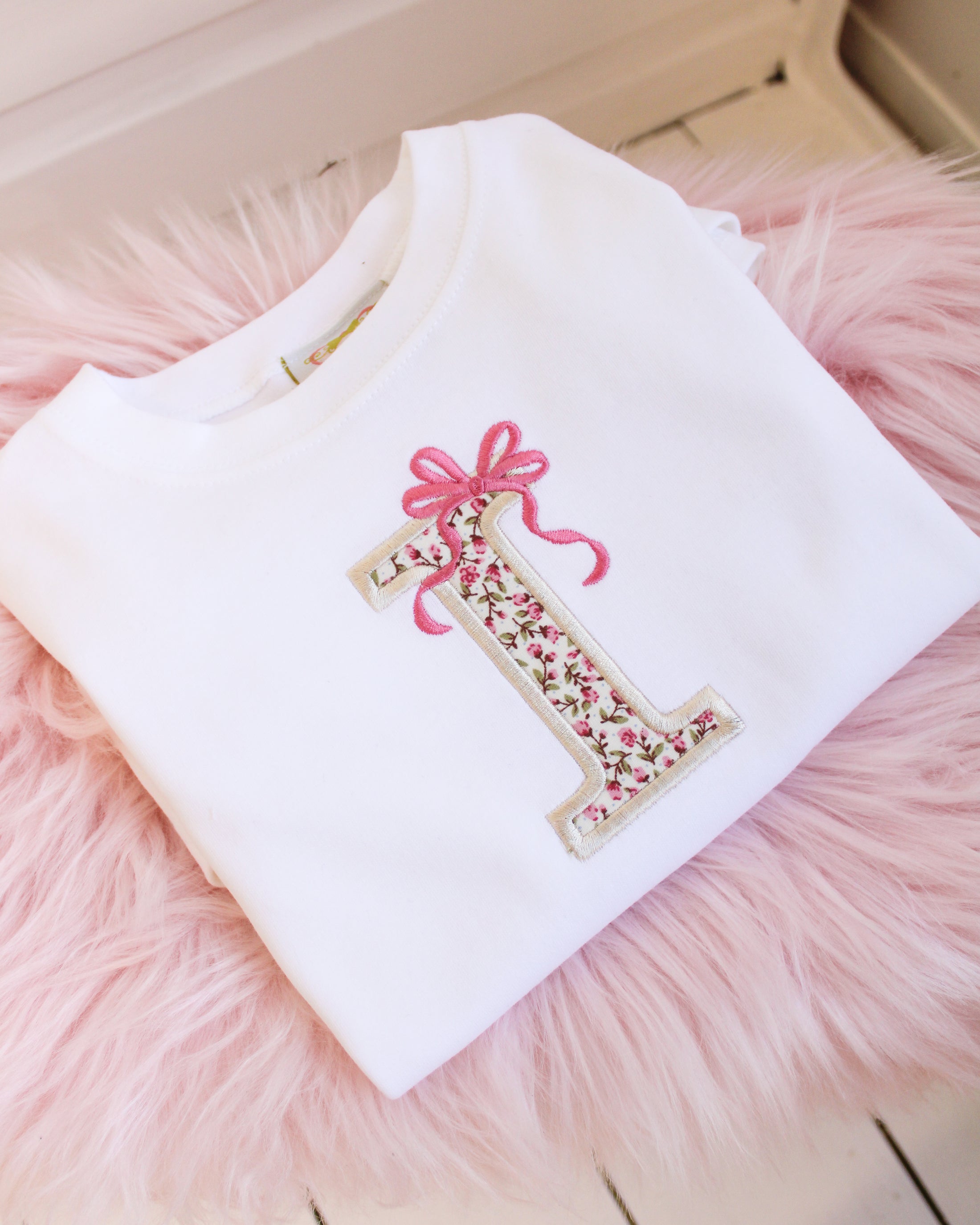 Bow Floral Initial  - Embroidered  T-shirt