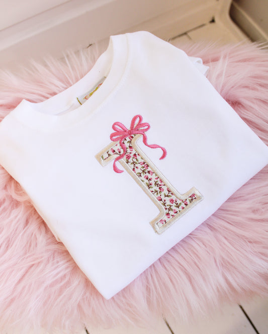 Bow Floral Initial  - Embroidered  T-shirt