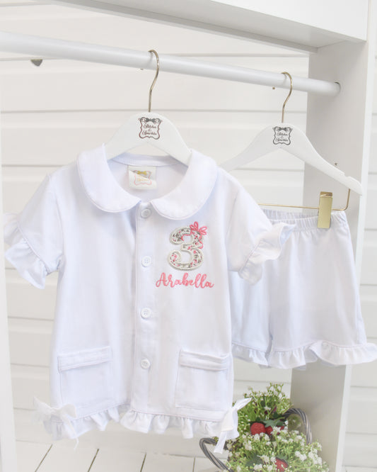 Floral Birthday & Bow - Embroidered Elizabeth Ruffle Shorts Nightwear Pyjama Set