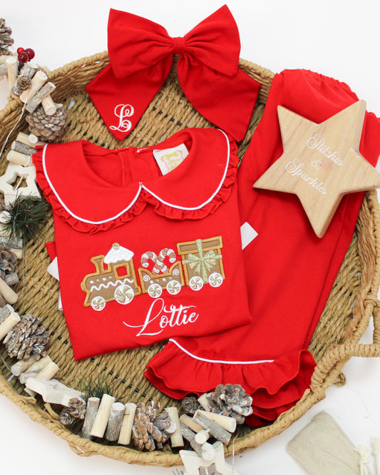 Train - Frilly Peter Pan Collar Christmas Embroidered Initial Pyjamas