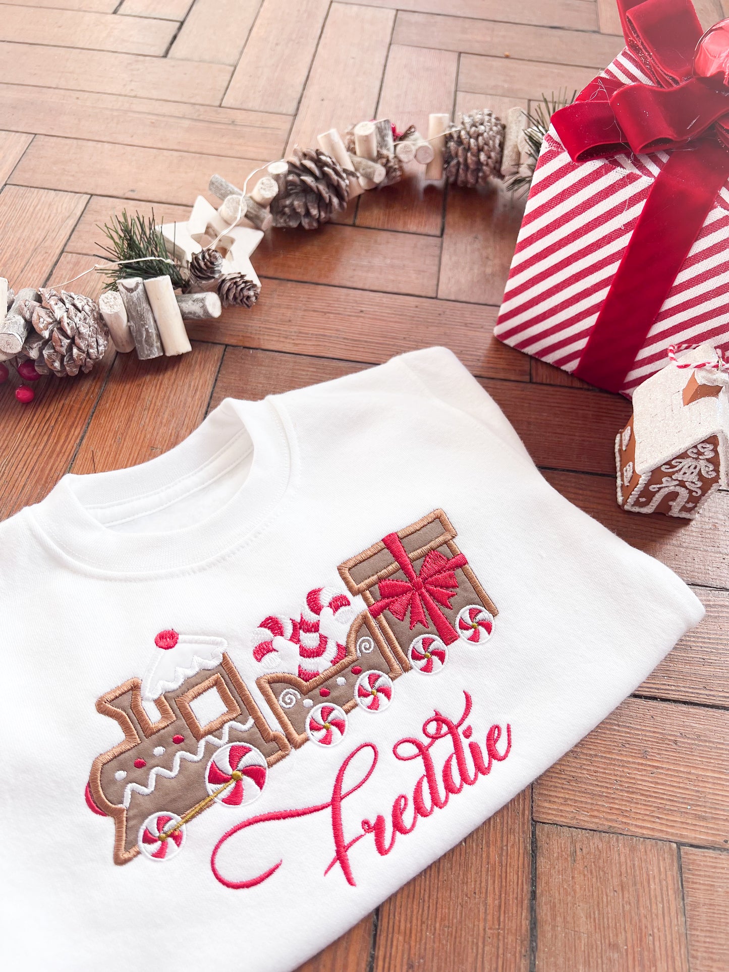 Embroidered Gingerbread Train Christmas Sweatshirt / Jumper