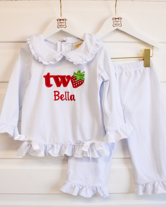 Strawberry - Embroidered Elizabeth Ruffle Long Nightwear Pyjama Set